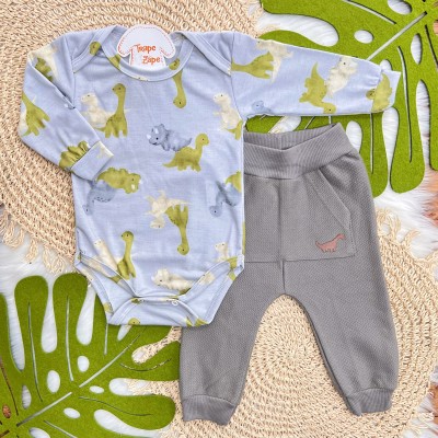 Conj. Body Manga Longa Dinos e Calça de Moletom Saruel - Cinza